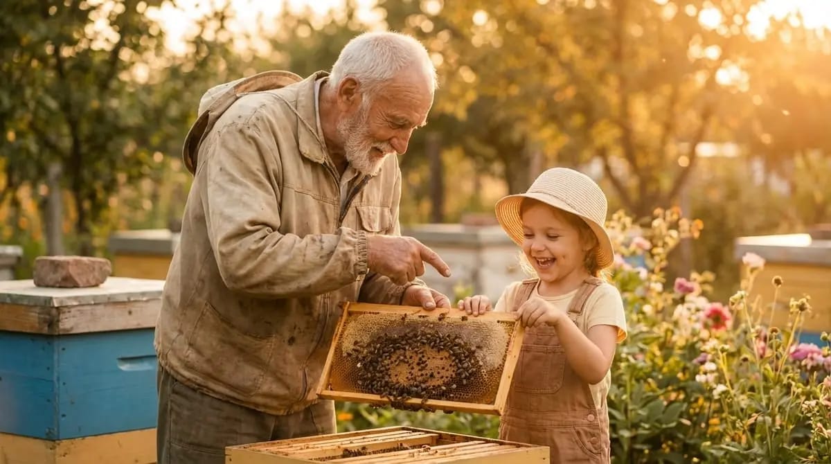 Großvater zeigt seiner lachenden Enkelin eine Bienenwabe am Bienenstand im Garten