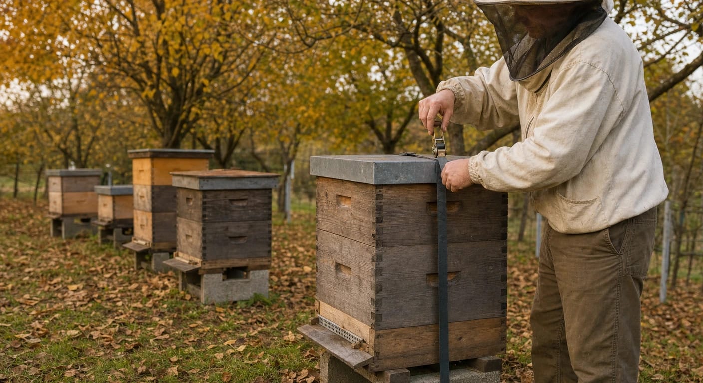 Beekeeper with a veil tightens a ratchet strap on a weathered wooden hive in an autumn orchard