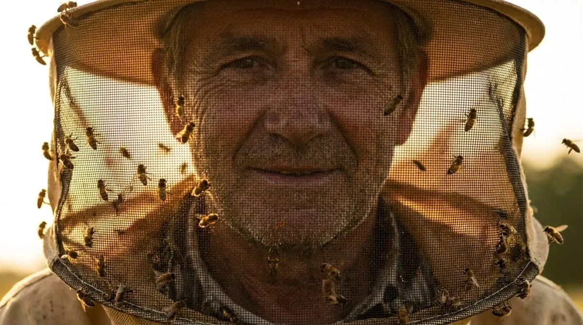 Close-up of an older beekeeper's face seen through his mesh veil covered with numerous honeybees in warm backlight.