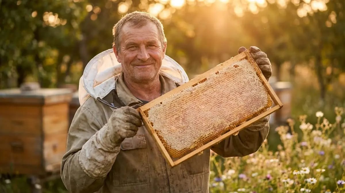 Proud beekeeper showing a full honeycomb in sunlight