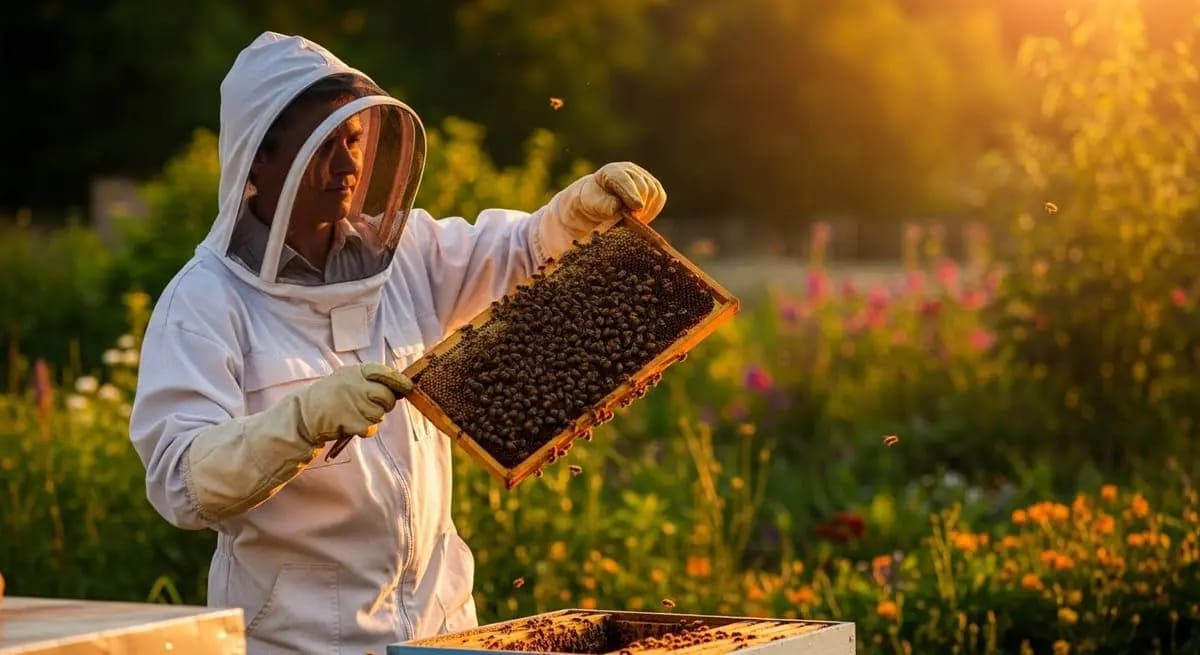 A beekeeper in a white hooded veil suit holds a densely bee-covered frame up in warm golden backlight, with a blooming garden in the background.