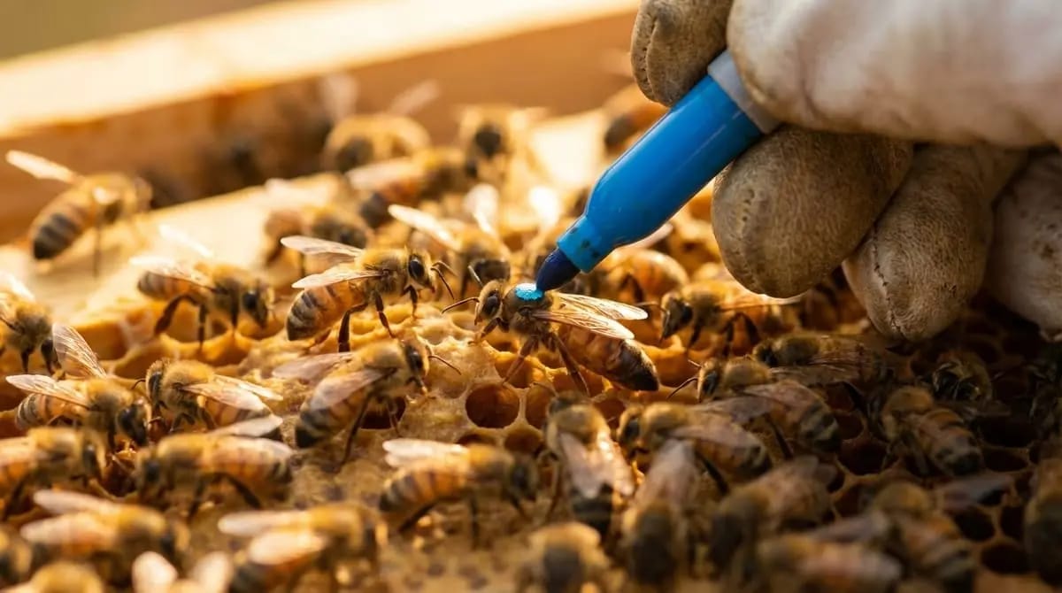 Marked queen bee on a brood comb, surrounded by her retinue