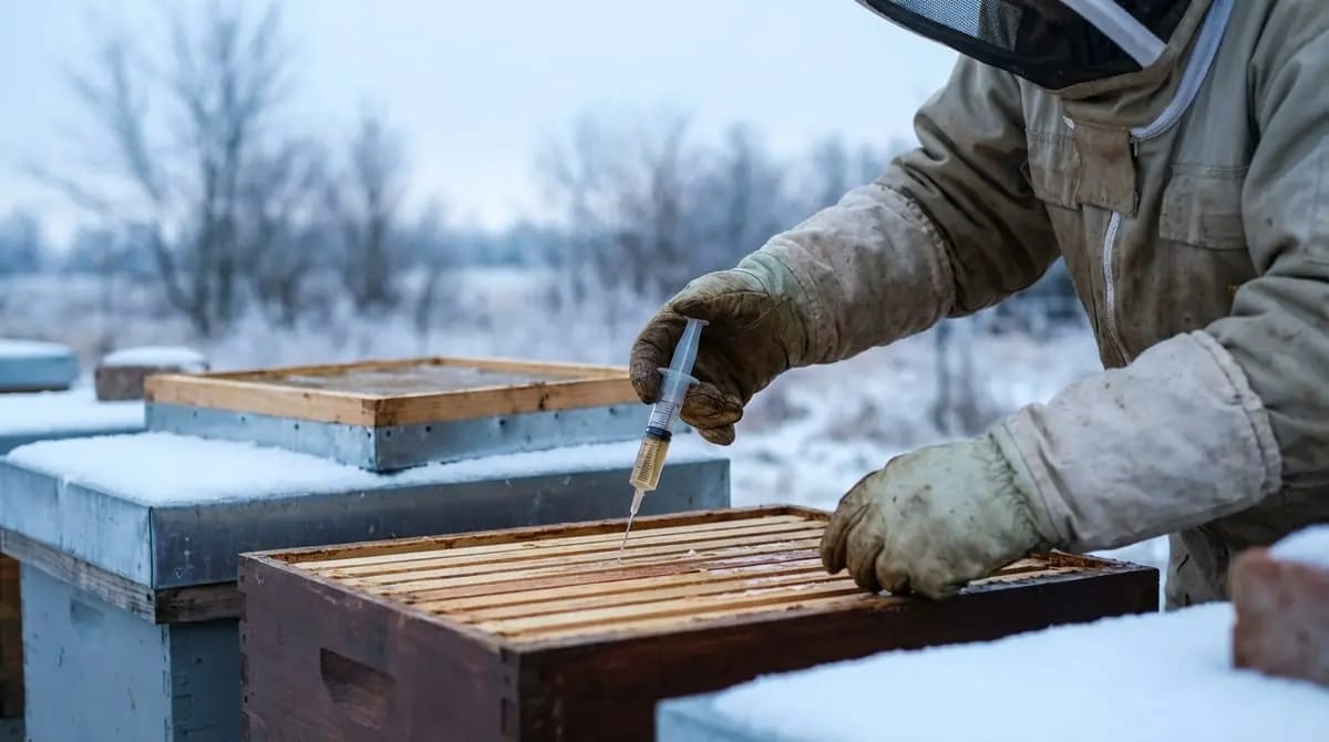 Beekeeper in thick winter protective suit with veil trickles liquid (oxalic acid) from a disposable syringe between the frames of an opened beehive, surrounded by snow and a frozen landscape.