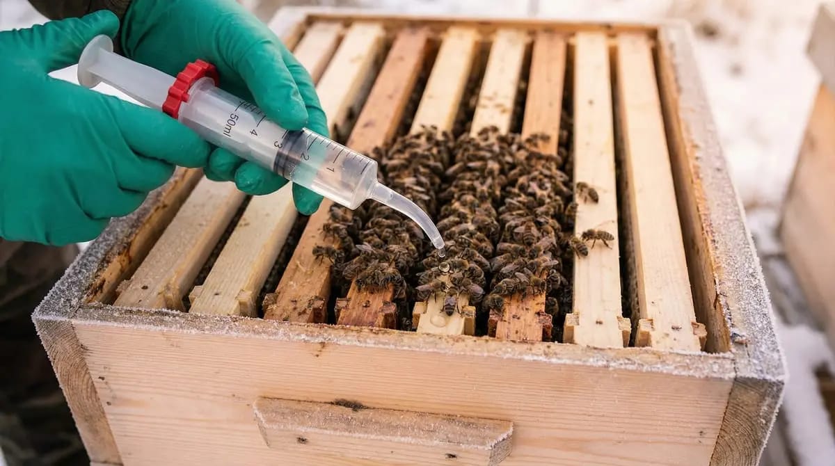 Dosing syringe trickles oxalic acid solution onto the bee cluster between the frame top bars