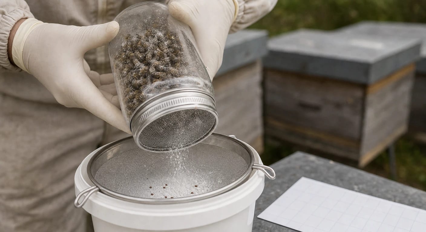 Gloved hands shake a mesh-lid jar of powdered bees; sugar and small brown mites fall onto a sieve