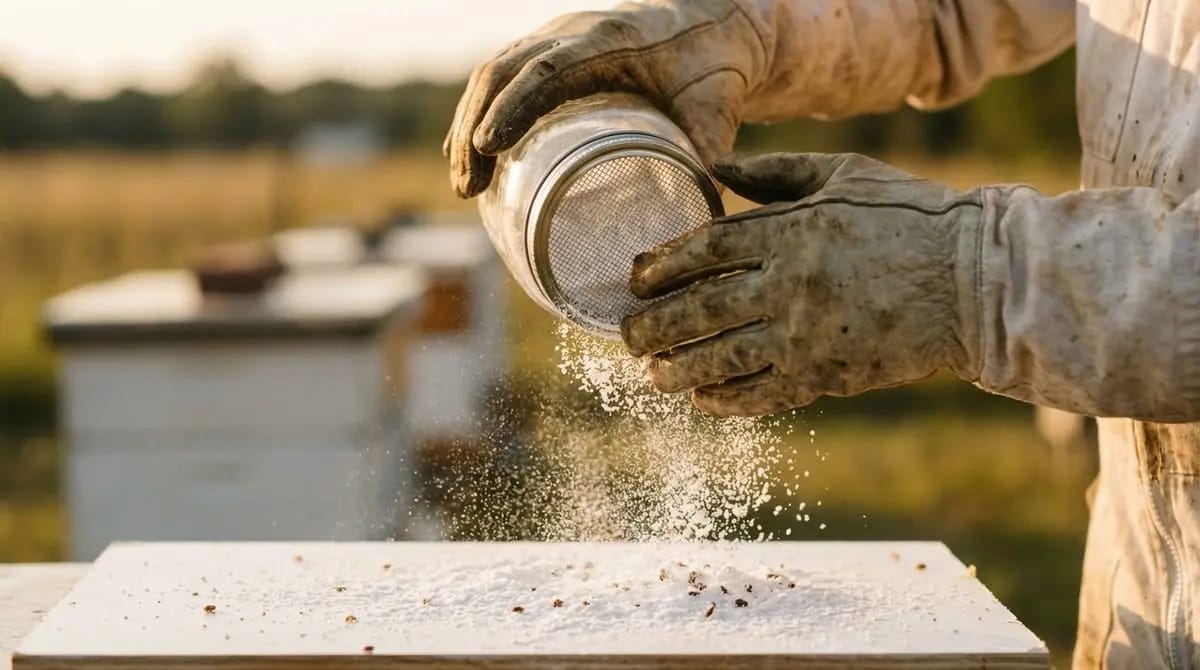 Gloved beekeeper hands shake powdered sugar from a mesh-lidded mason jar over a white board for a powdered sugar varroa roll test, blurred beehives in the background.