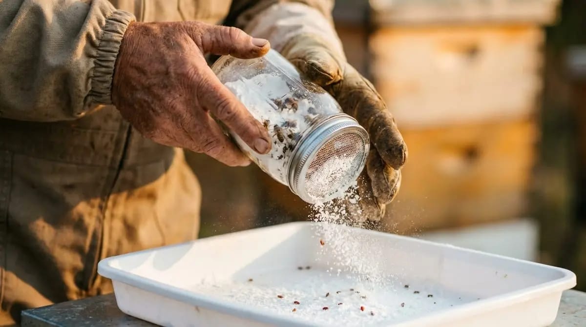 Beekeeper's hands – one of them bare – shake a jar with a mesh lid letting powdered sugar fall into a white plastic tray in which individual reddish varroa mites are visible, beehives in the background.