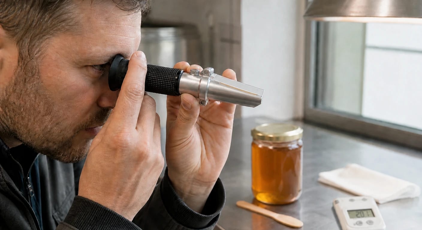 Man looks through a handheld refractometer beside a honey jar, wooden spatula and digital thermometer on a steel table