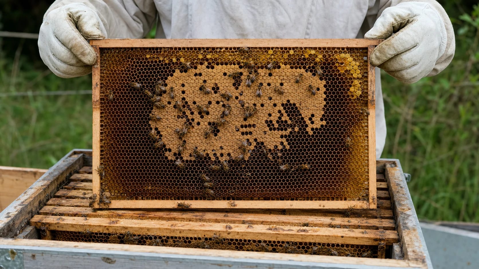 Beekeeper holds a brood frame with a patchy, nonspecific brood pattern and comparatively few bees above an open hive