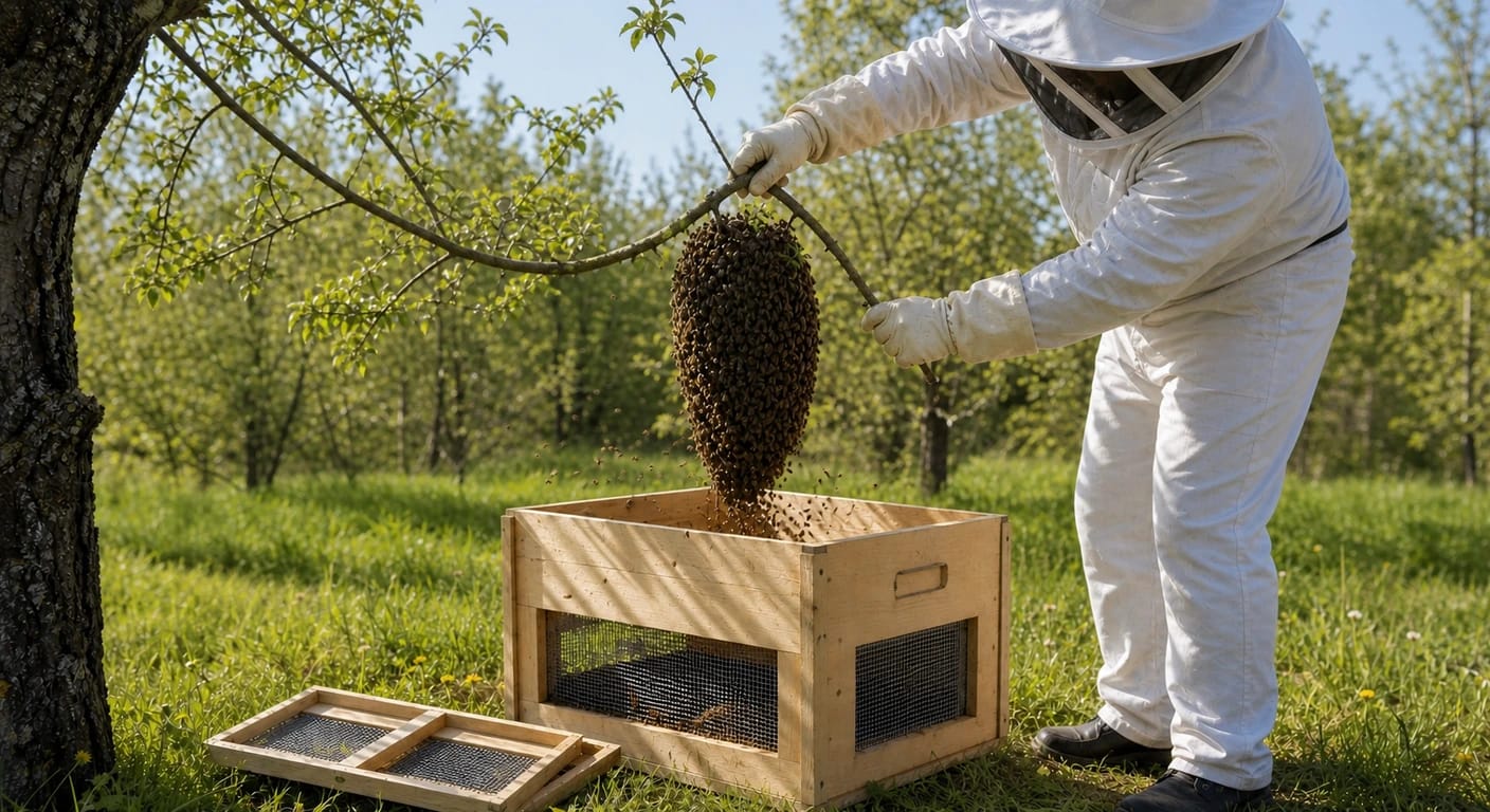 Beekeeper in a white suit shakes a dense bee cluster from a branch into an open mesh-sided wooden box