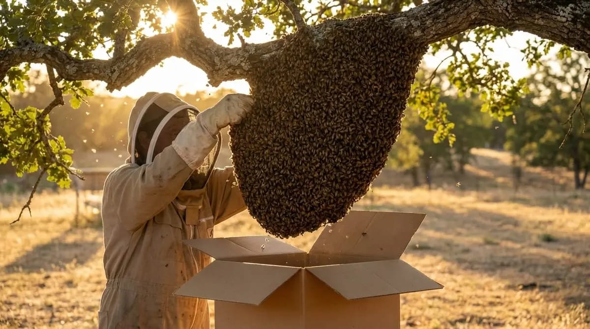 Beekeeper catching a bee swarm