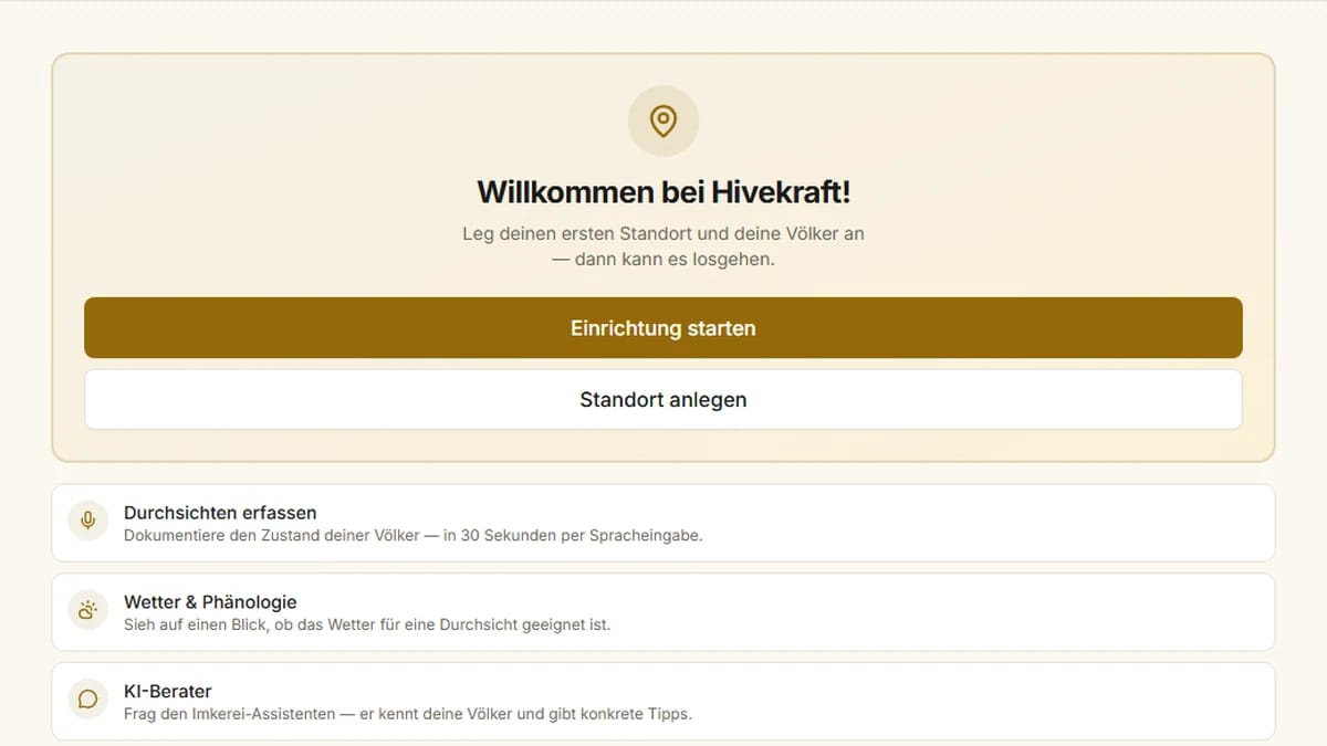 Actual Hivekraft app view with a welcome panel and buttons for setting up the first apiary