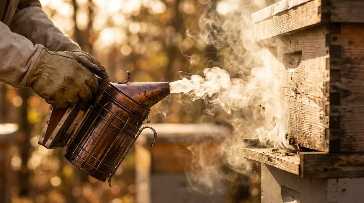 Gloved beekeeper's hands hold a smoking bee smoker at the entrance of an old wooden beehive, with smoke rising into autumn air.