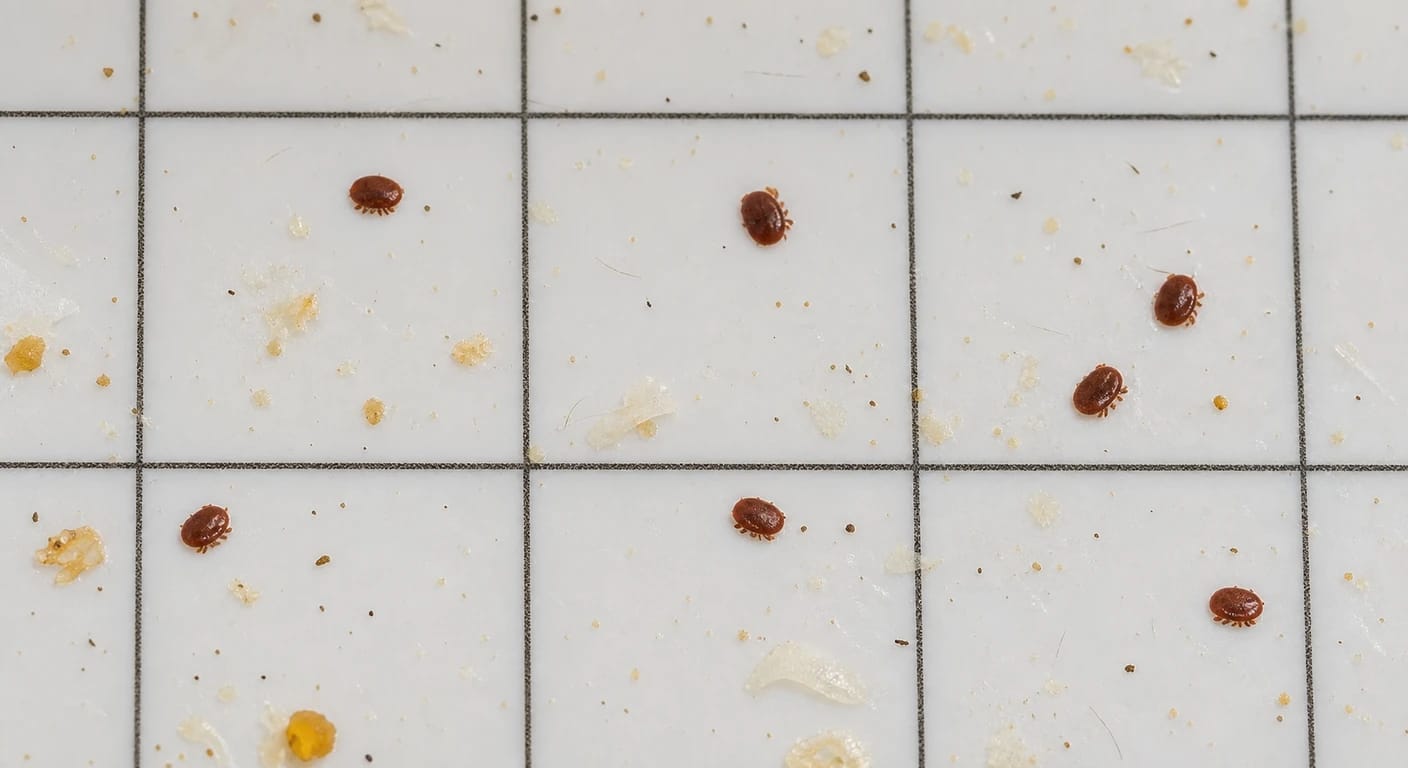 Close-up of a white gridded bottom board with several reddish-brown mites and small wax debris.