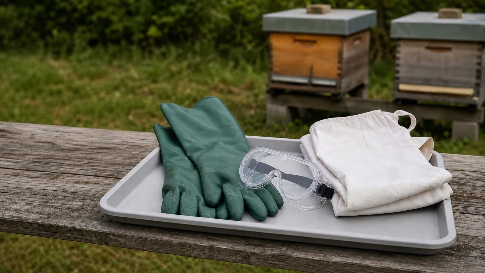Long acid-resistant gloves, sealed splash goggles and folded long-sleeved protective clothing lie on a tray in front of two closed hives.