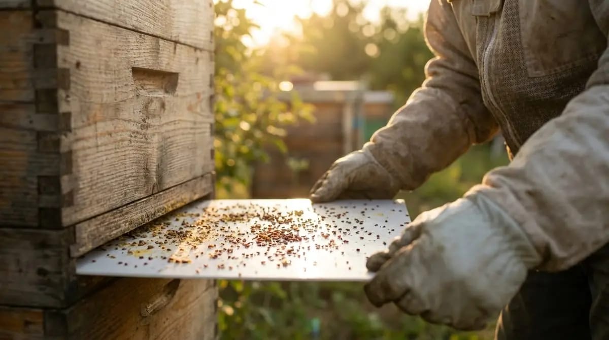 A beekeeper in a light protective suit pulls a white diagnostic board covered with debris and mite fall from beneath a wooden hive in warm evening light.