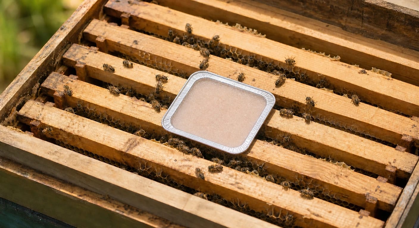 Open hive: silver foil tray with pale beige gel rests on the top bars among many bees.
