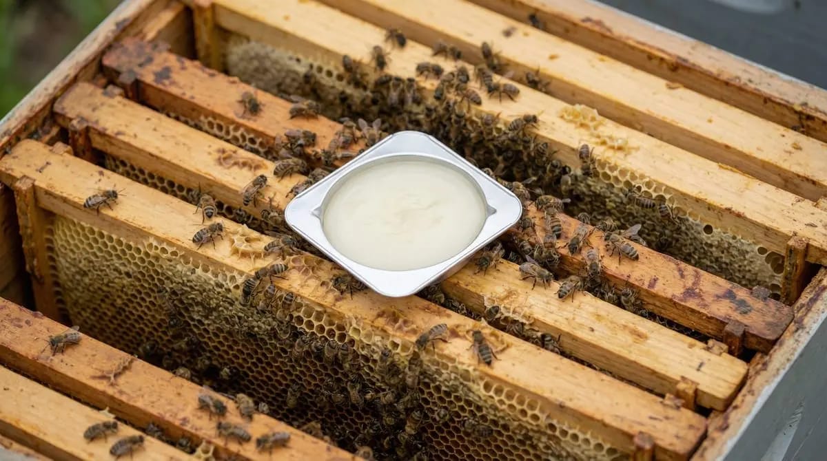 Thymol product (Apiguard) on top bars in an open beehive