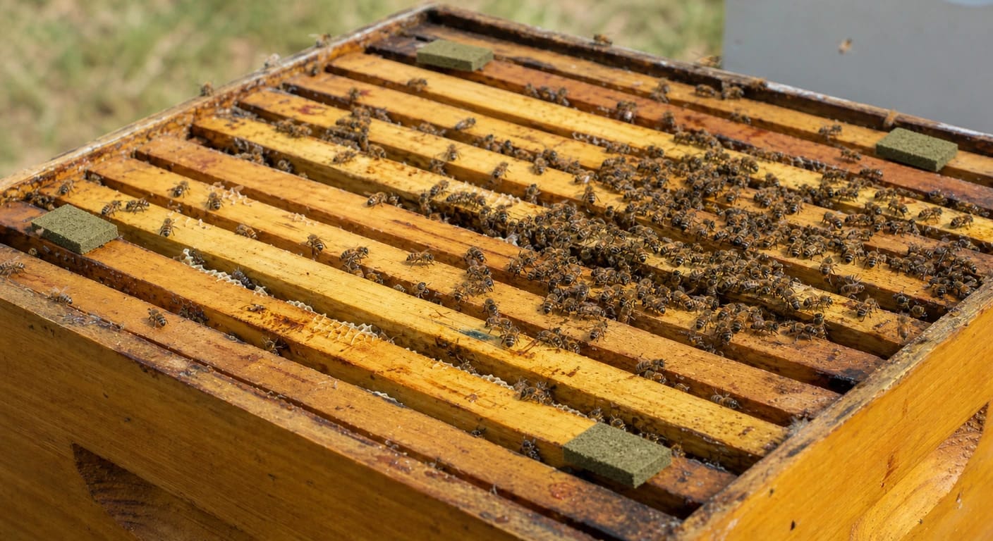 Open hive crowded with bees; four brownish-green porous squares sit at the corners of the frame top bars.