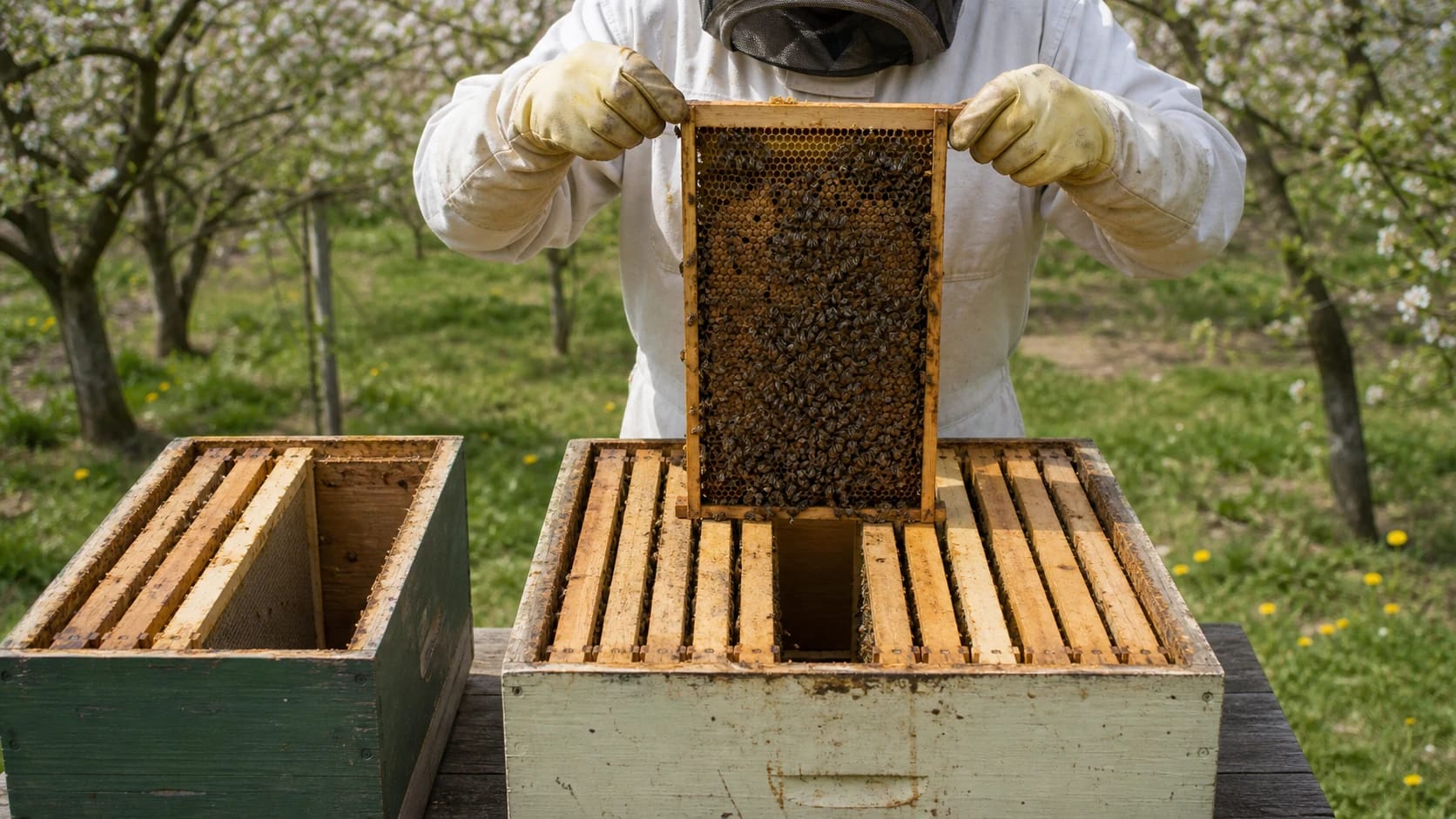 Beekeeper holds a brood frame vertically above the empty slot in the prepared hive, with the open nucleus box beside it.