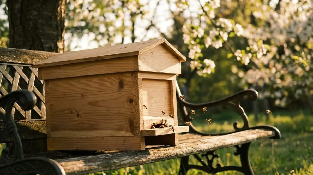 A new light wooden hive with a pitched roof sits on a cast-iron garden bench under blossoming trees, surrounded by flying bees.
