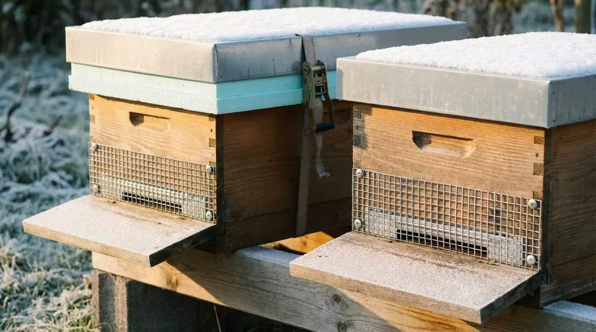 Winterlich vorbereitete Bienenbeuten mit verzinktem Maeusegitter am Flugloch