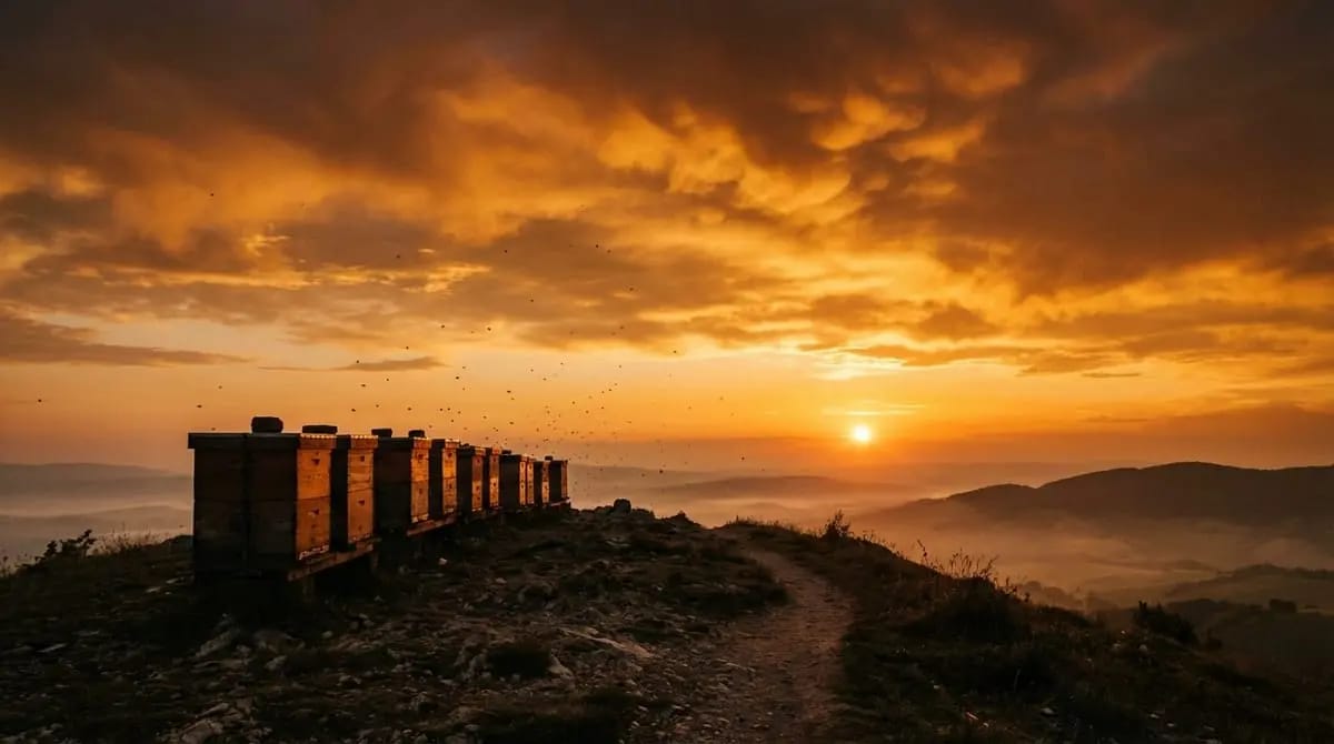 Bienenbeuten auf einem Bergrücken vor dramatischem Sonnenuntergang