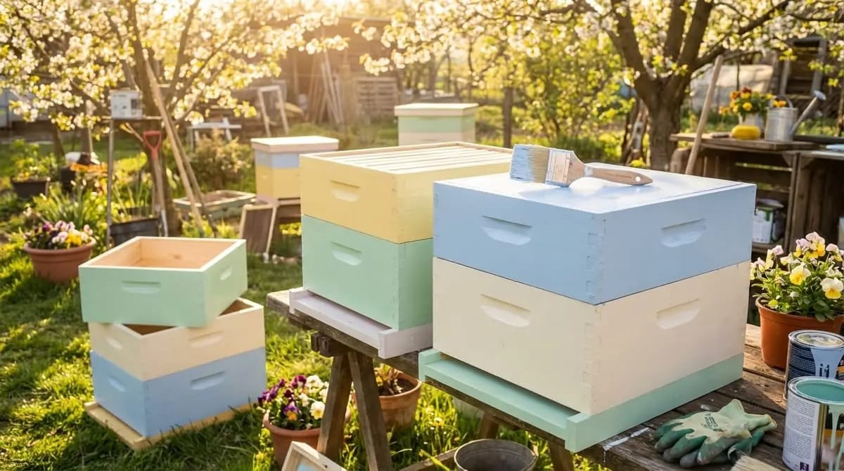 Various colourful beehives at an apiary