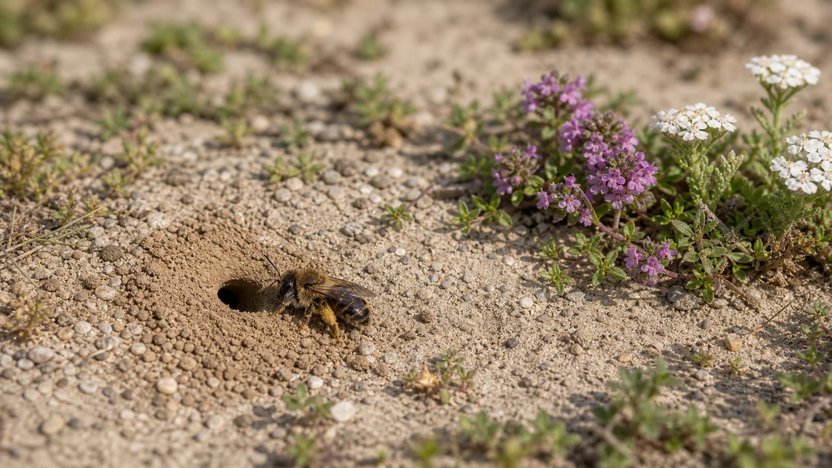 Female mining bee with pollen in the hairs of her hind legs sits at a small nest entrance in open sand beside flowering thyme and yarrow.