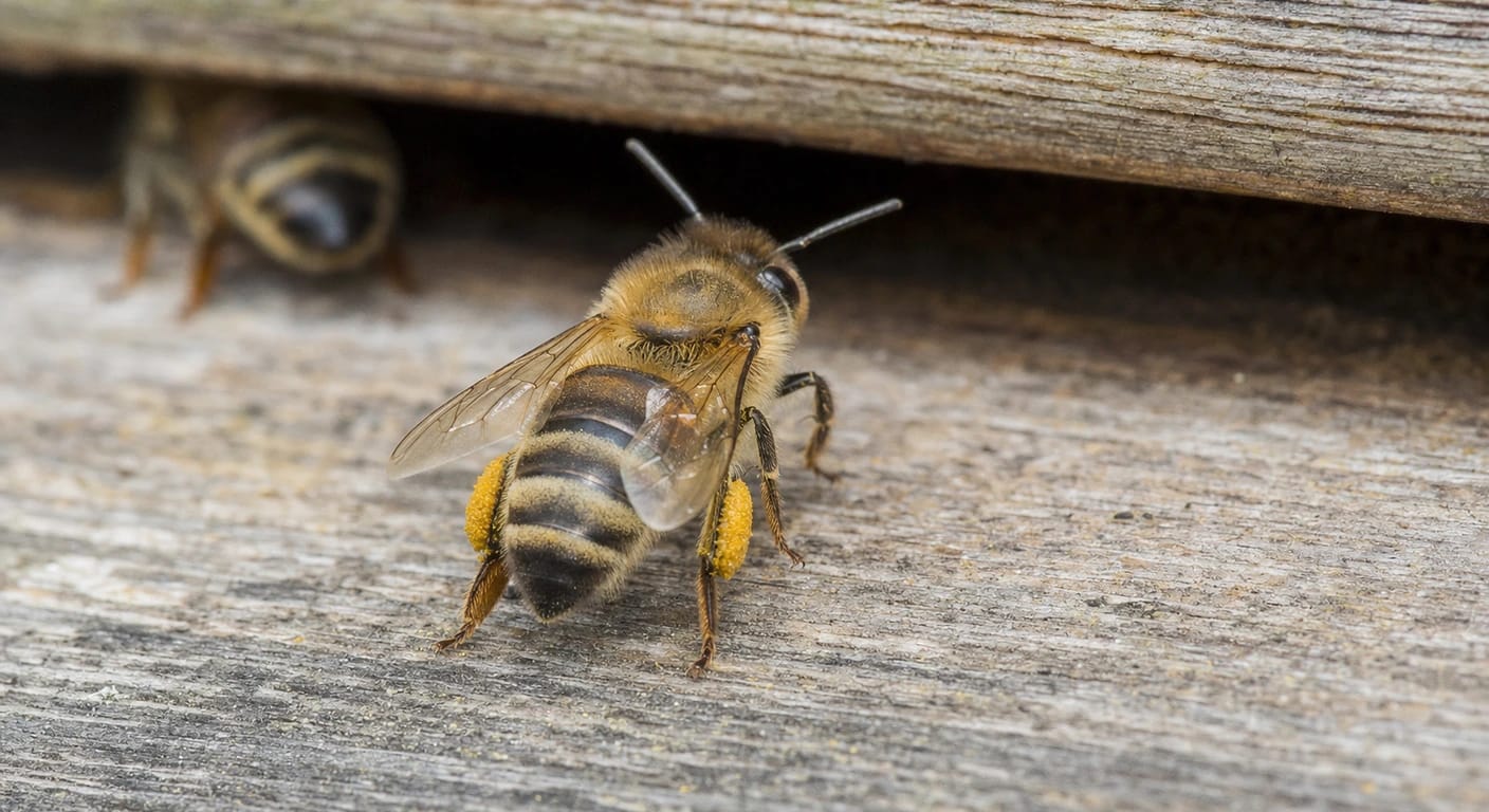 Honey bee with yellow pollen loads on its hind legs at a wooden hive entrance; a second bee blurred behind.