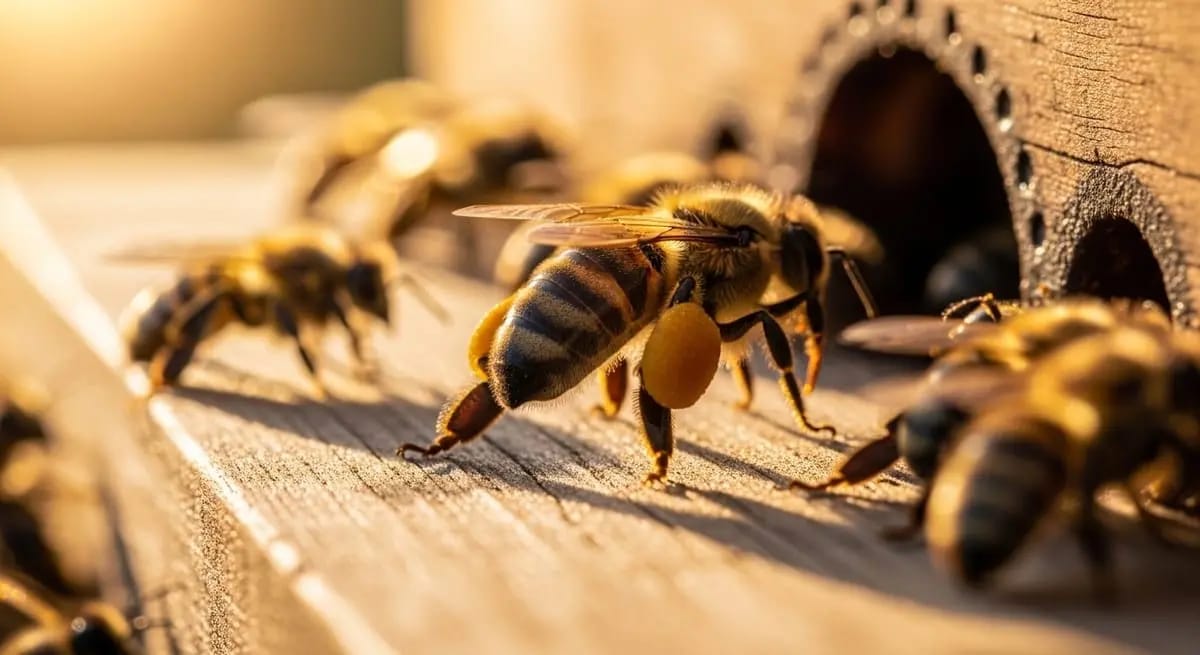 Honeybees on the landing board in front of a hive entrance in golden sunlight, one bee carrying a large yellow pollen load.