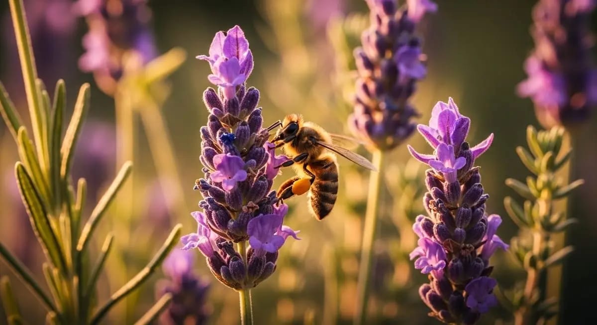 Honigbiene mit gefuelltem Pollenhoeschen sammelt an einer Lavendelbluete im Gegenlicht