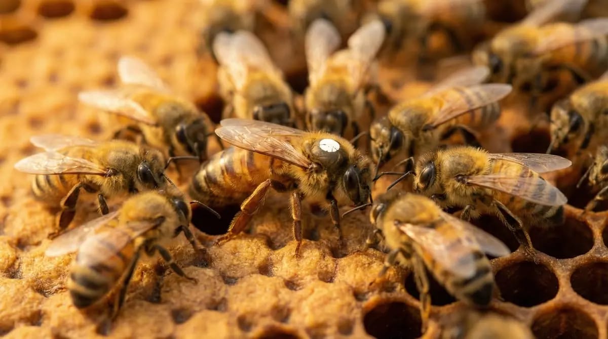 Queen bee with white marking dot on her thorax surrounded by her retinue