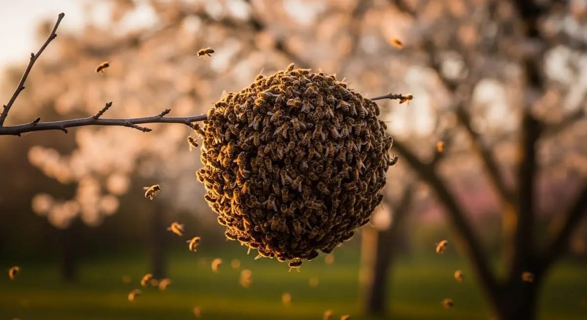 Bienenschwarm hängt als Traube an einem Ast
