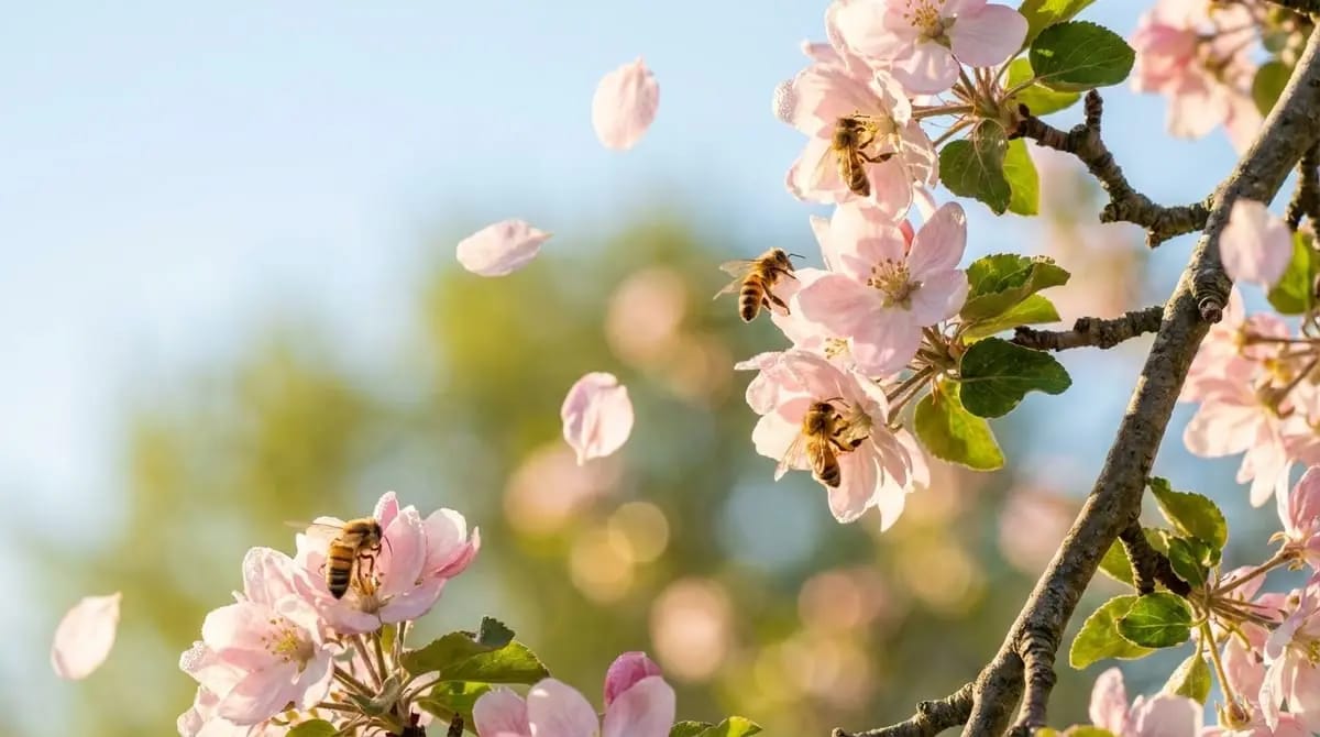 Honey bees pollinating pink apple blossoms
