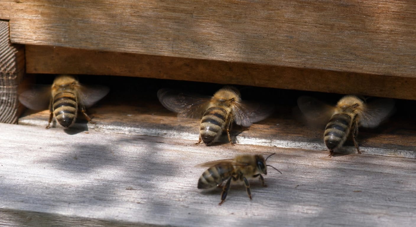 Vier Honigbienen am Flugbrett einer Holzbeute; drei im schmalen Eingang, eine davor auf dem Brett.