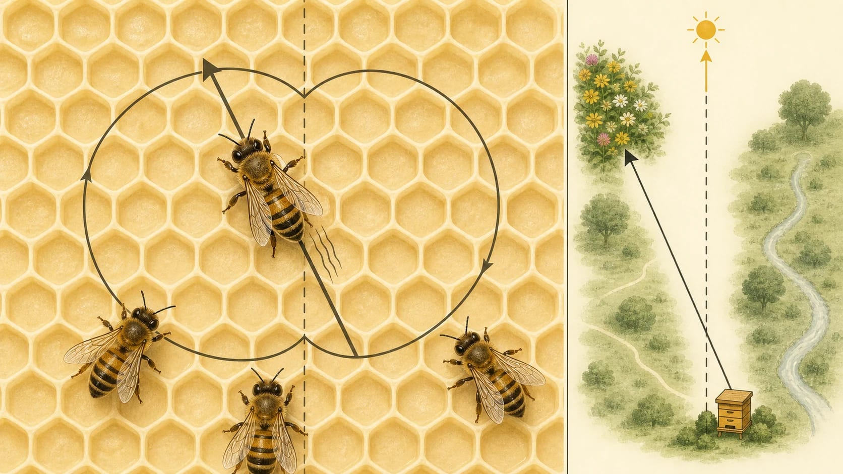 Scientific waggle-dance illustration: the angle of the straight waggle run from vertical corresponds to the forage direction relative to the sun.