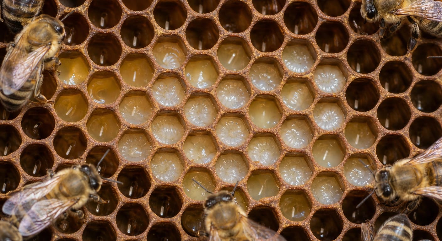 Open honeycomb cells holding pale, glossy larvae; worker bees along the comb edges.