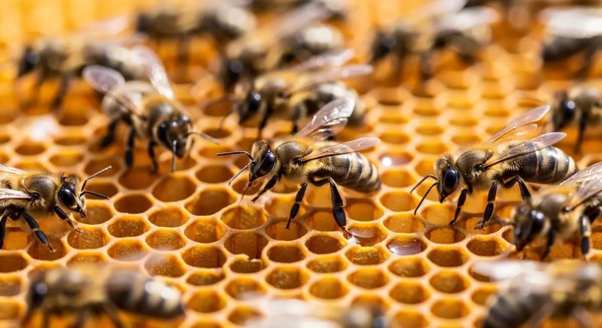 Several honeybees walk across a bright golden-orange honeycomb with hexagonal cells, some filled with honey.