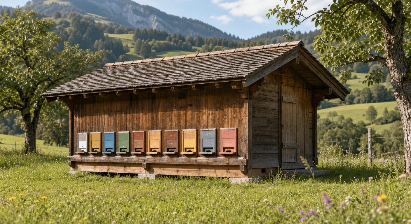 Long wooden bee house with differently colored entrances on a mountain meadow before distant hills.