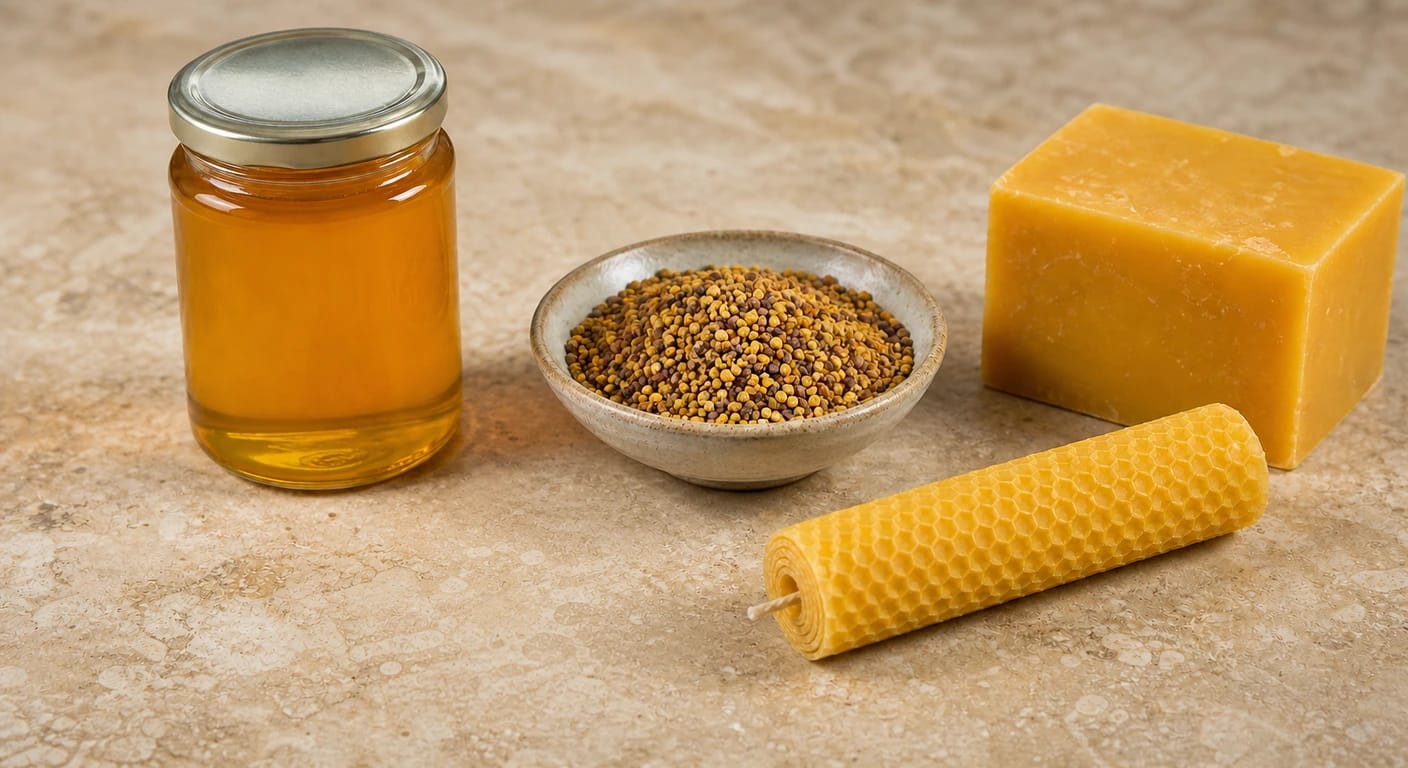 Honey jar, bowl of pollen pellets, beeswax block and honeycomb-pattern candle on pale stone.