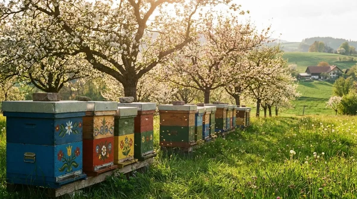 Apiary in spring with blooming fruit trees