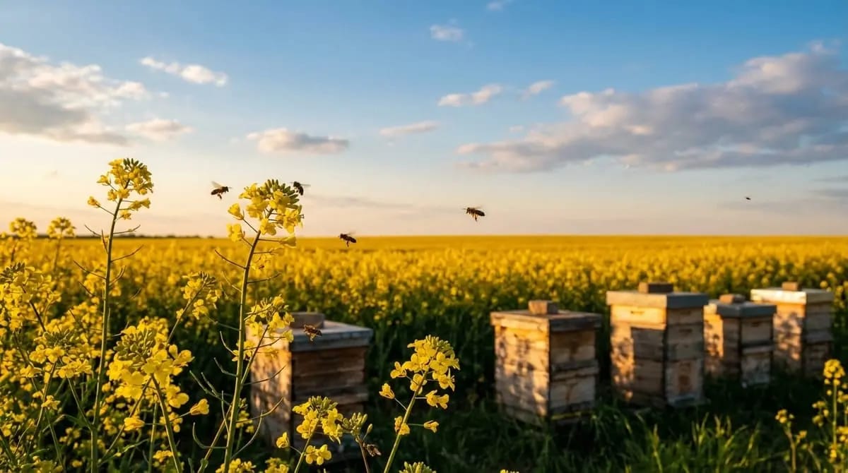 Vier Holzbeuten vor einem leuchtend gelben Rapsfeld, Bienen fliegen im Abendlicht