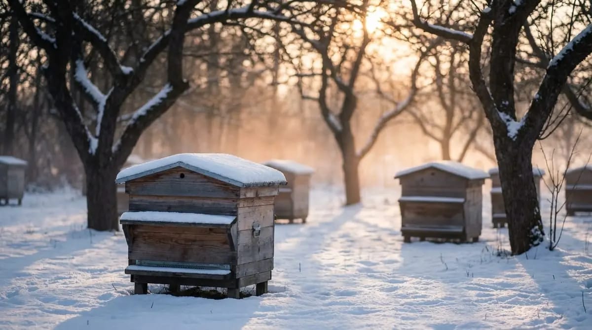 Schneebedeckte Bienenbeuten im winterlichen Obstgarten bei Sonnenuntergang