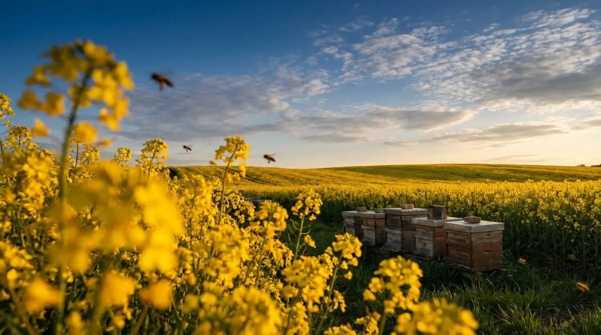 Beehives at a rapeseed field