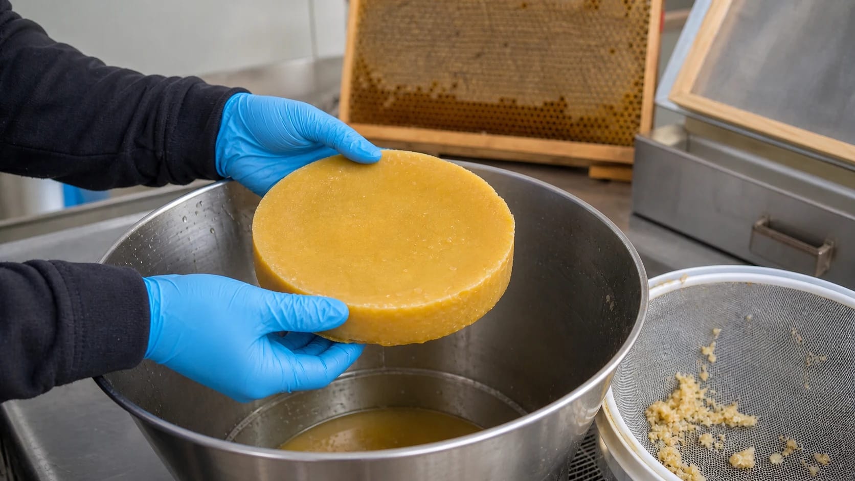 Blue-gloved hands hold a round yellowish wax disc above a stainless steel bowl