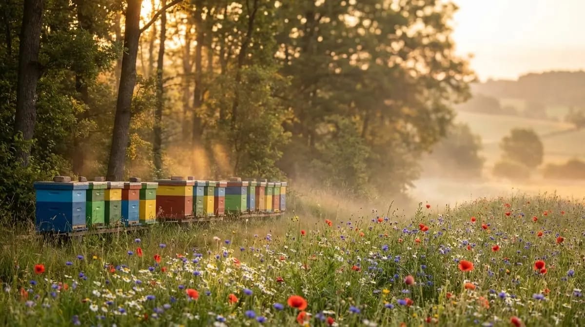 Bunte Bienenbeuten am Waldrand in einer nebligen Wildblumenwiese im Morgenlicht
