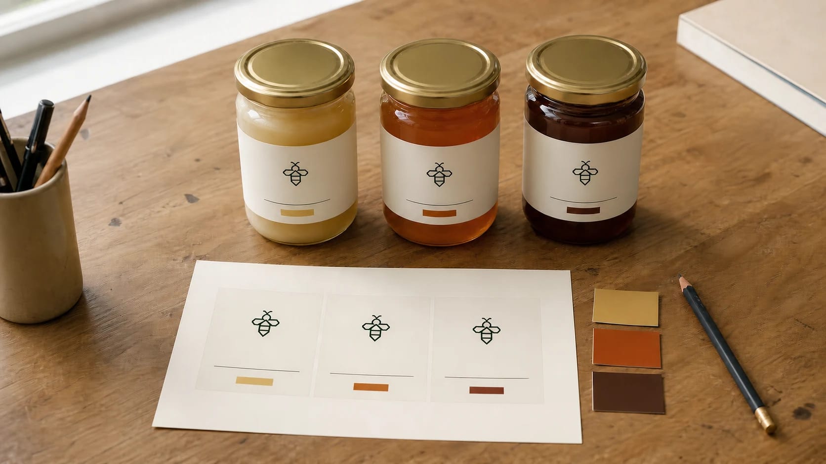 Three honey-jar prototypes with one consistent label grid and repeated bee symbol stand beside a mockup sheet and three matching colour swatches.