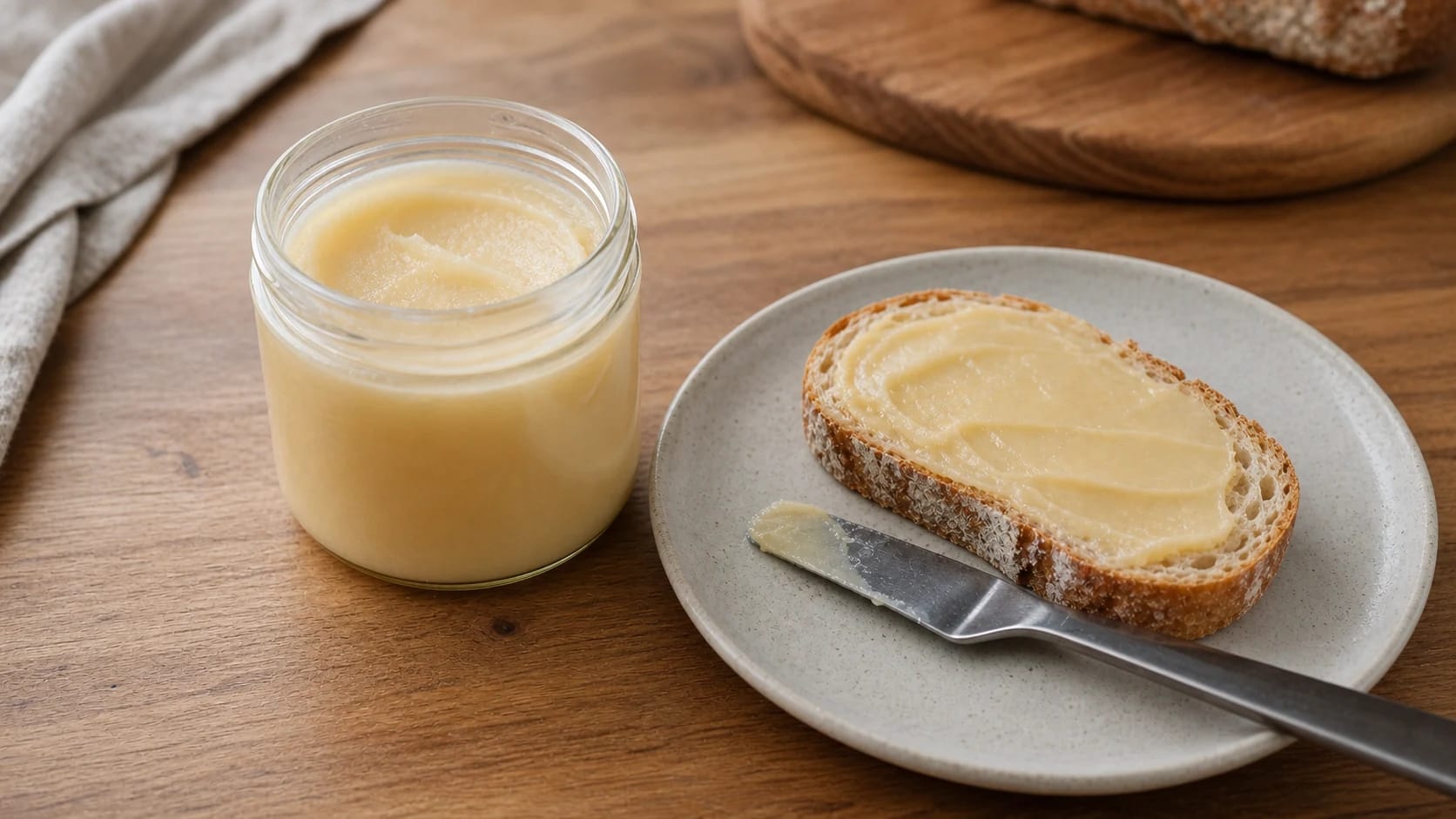 Open jar of pale creamy honey beside a bread slice with spread and a knife on a ceramic plate