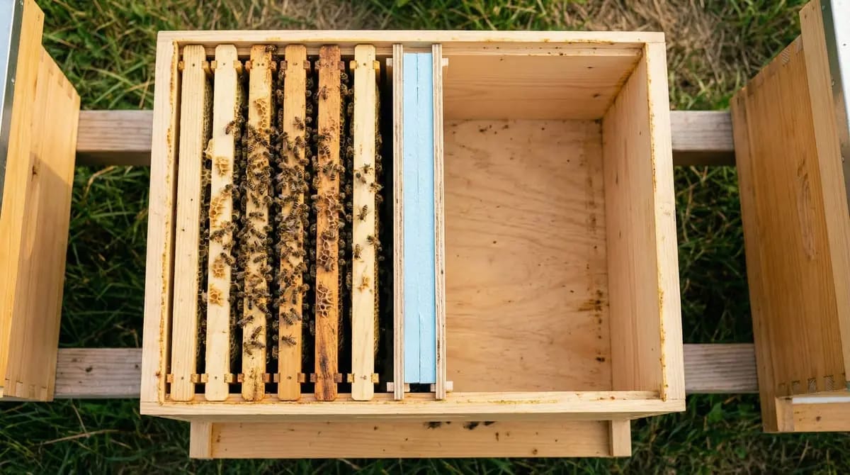 Open Dadant hive with follower board made of plywood and styrodur insulation